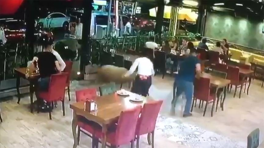 Sahibinin elinden kaçan kurbanlık koçun restorana girme anı kamerada
