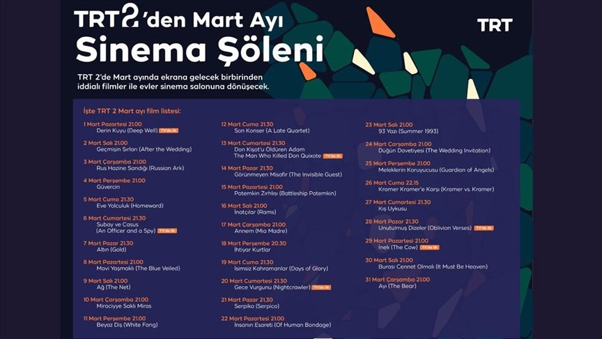 TRT 2 mart ayında her akşam farklı bir filmi ekrana getirecek